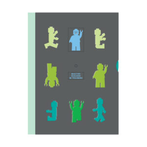 LEGO Master Builder in Training notebook, grey cover with blue and green minifigure cut-outs