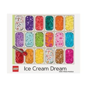LEGO Ice Cream Dream 1000-piece puzzle box, showing tubs of colourful LEGO bricks and a scoop